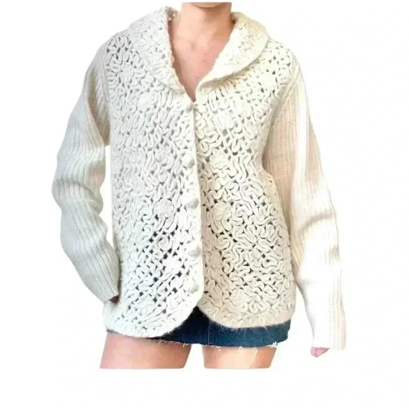 Coldwater Creek Sweaters - COLDWATER CREEK Vintage Ivory Crochet Ribbed Wool Angora Cardigan Size L